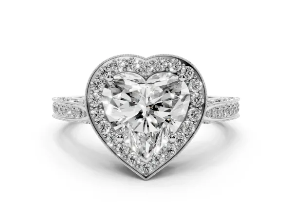 Heart Cut Halo Diamond Engagement Ring with Split Shank Band and Four-Prong Setting Platinum