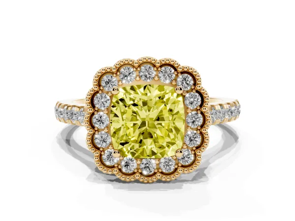 Fancy Yellow Cushion Cut Cut Diamond Milgrain Floral Halo Engagement Ring with Pavé Band Yellow gold