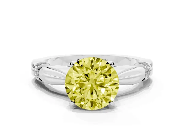Fancy Yellow Round Cut Solitaire Diamond Twisted Band with Four-Prong Setting White gold
