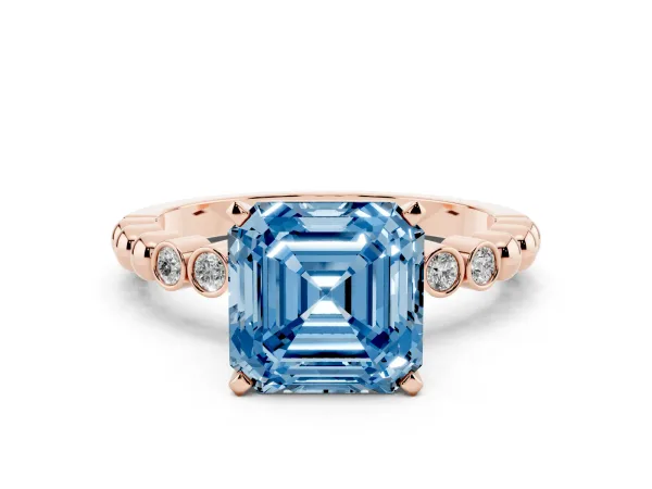 Fancy Blue Asscher Cut Solitaire Bezel Accent Diamond Engagement Ring with Beaded Band and Four-Prong Setting Rose gold