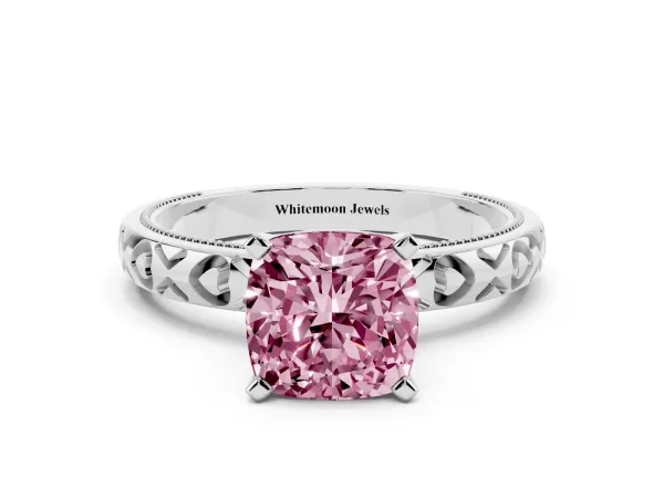 Fancy Pink Cushion Cut Solitaire Diamond Engagement Ring with XO Engraved Band and Four-Prong Setting Platinum