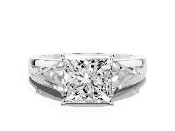 Three-Stone Princess Cut Cut Diamond Ring with Trillion Side Stones on a Split Shank Band Platinum