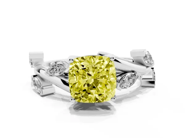 Fancy Yellow Cushion Cut Solitaire Twisted Band Marquise Accent Prong Setting Ring Platinum