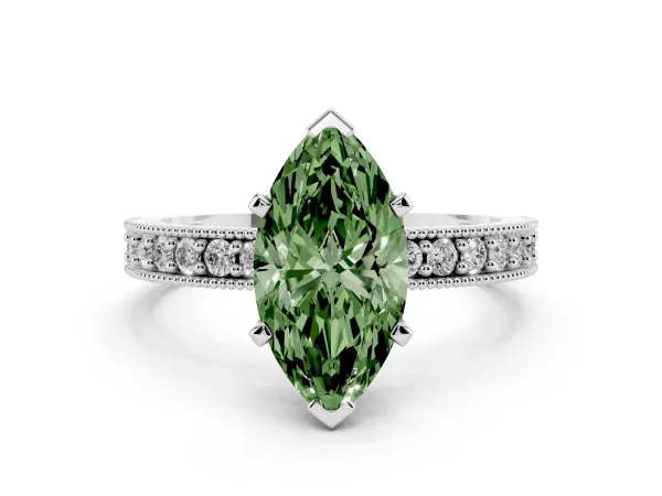 Fancy Green Marquise Cut Diamond Milgrain Pavé Engagement Ring with Four-Prong Setting White gold