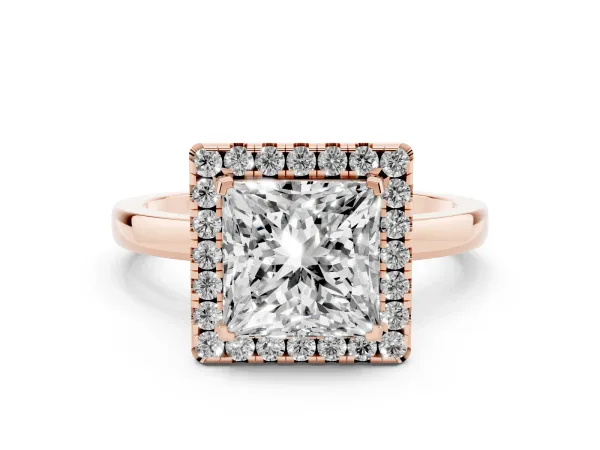 Princess Cut Halo Diamond Solitaire with Pavé Band and Four-Prong Setting Rose gold