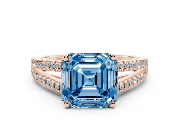 Fancy Blue Asscher Cut Diamond Solitaire Engagement Ring with Split Shank Pavé Band Rose gold