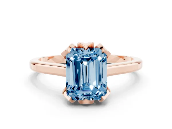Fancy Blue Emerald Cut Diamond Solitaire Ring with Flower Prong Setting and Classic Band Rose gold