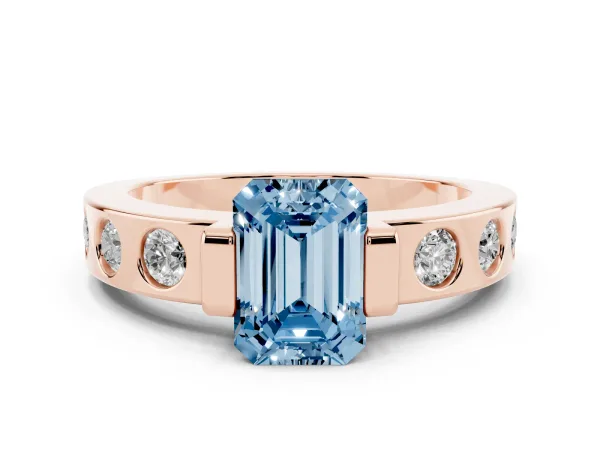 Fancy Blue Emerald Cut Brilliant Channel-Set Diamond Ring with Bezel Prong Setting Rose gold