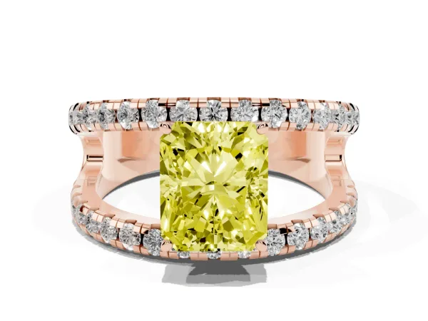 Fancy Yellow Radiant Cut Solitaire Split Shank Pave Diamond Ring Rose gold