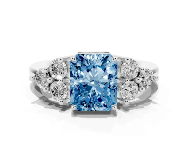 Fancy Blue Radiant Cut Brilliant Diamond Cluster Accent Solitaire Ring with Prong Setting Platinum