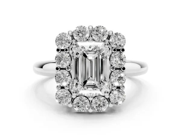 Emerald Cut Halo Cluster Diamond Engagement Ring with Prong Setting and Polished Band White gold