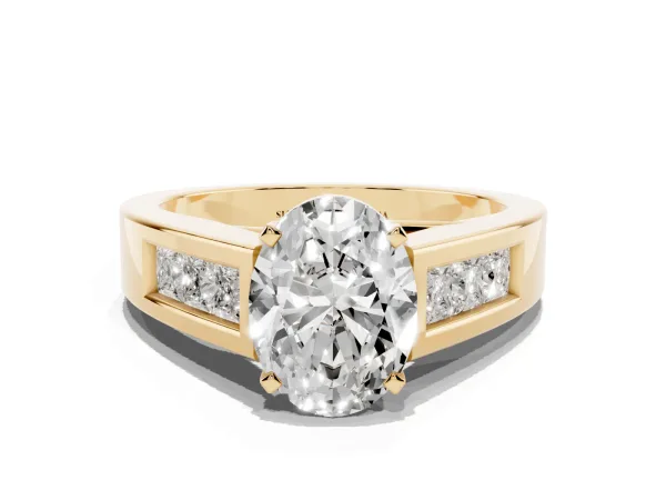 Oval Cut Cut Channel Set Solitaire Ring with Four-Prong Setting Yellow gold