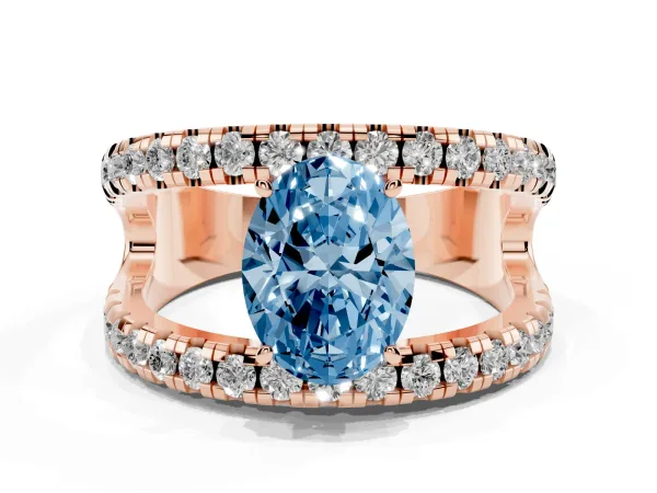 Fancy Blue Oval Cut Solitaire Split Shank Pave Diamond Ring Rose gold