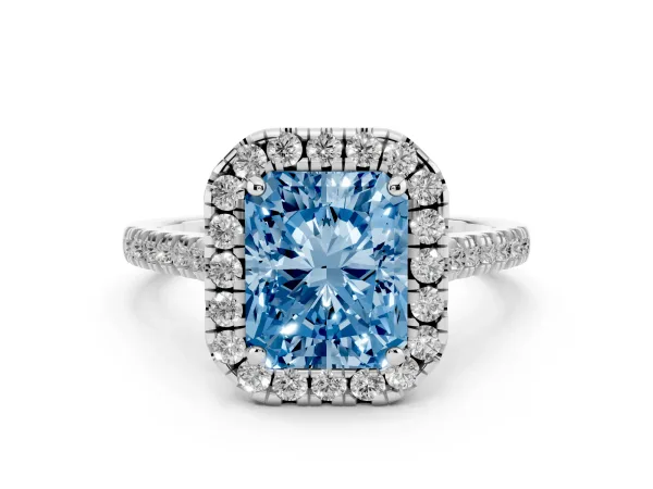 Fancy Blue Radiant Cut Diamond Cushion Halo Ring with Pavé Band White gold