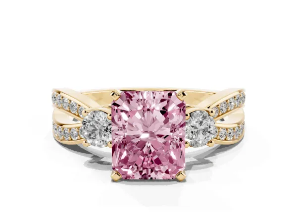 Fancy Pink Three-Stone Radiant Cut Cut Diamond Twist Band with Prong Setting Yellow gold