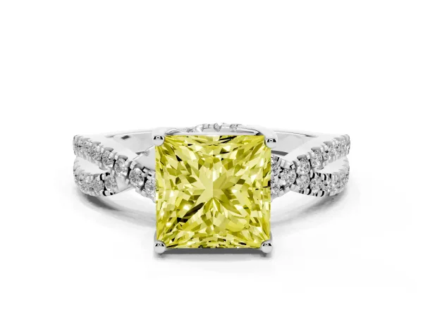 Fancy Yellow Princess Cut Solitaire Twist Pave Diamond Engagement Ring with Prong Setting Platinum