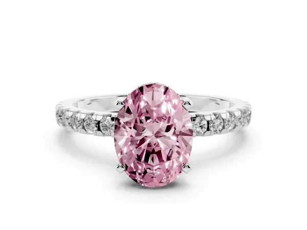 Fancy Pink Oval Cut Diamond Solitaire Ring with Round Pavé Band and Four-Prong Setting Platinum