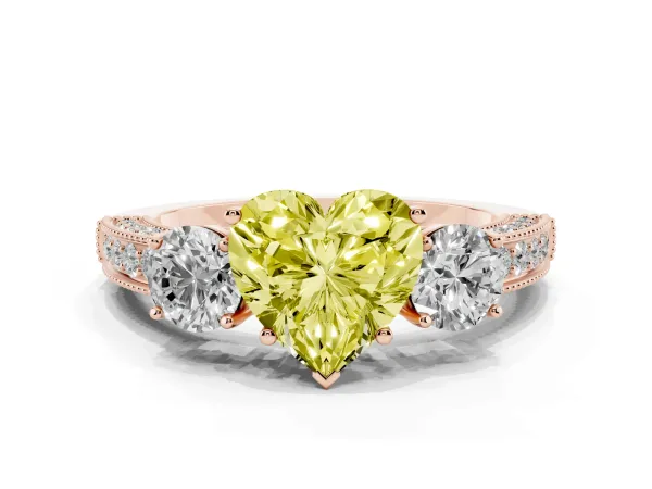 Fancy Yellow Heart Cut Three-Stone Diamond Ring with Pavé Band and Four-Prong Setting Rose gold