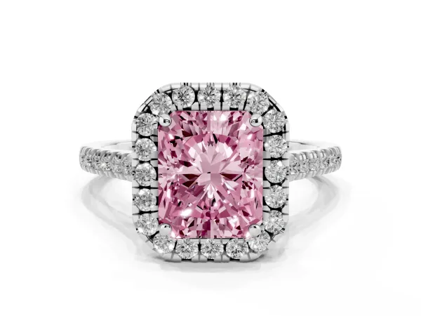 Fancy Pink Radiant Cut Diamond Cushion Halo Ring with Pavé Band White gold
