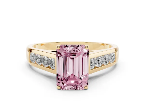 Fancy Pink Emerald Cut Solitaire Channel-Set Diamond Engagement Ring with Four-Prong Setting Yellow gold