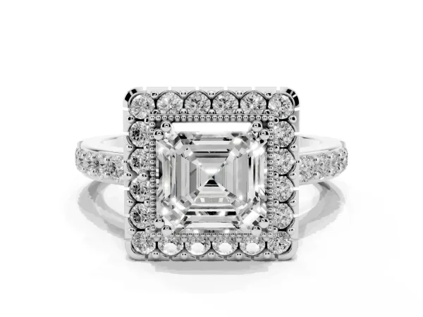 Asscher Cut Diamond Halo Ring with Pavé Band and Prong Setting White gold