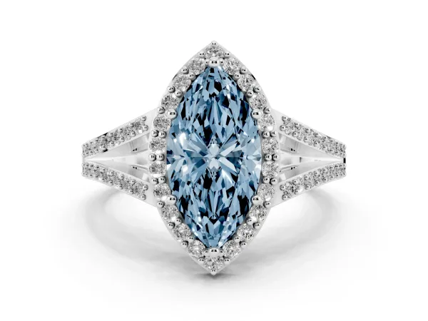 Fancy Blue Marquise Cut Halo Split Shank Diamond Ring with Prong Setting White gold