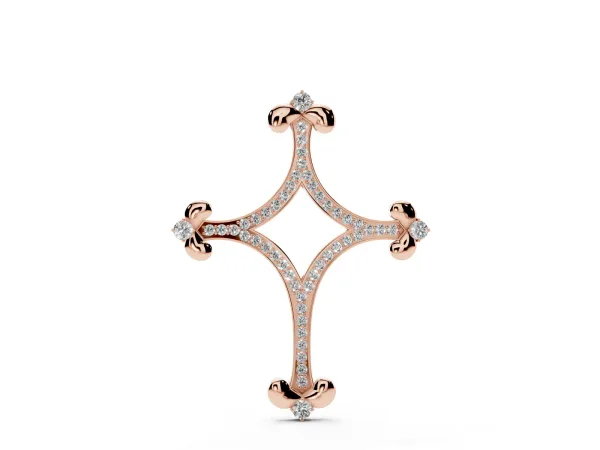 Pavé Diamond Cushion Cross Pendant with Fleur-de-Lis Prongs Rose gold