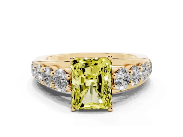 Fancy Yellow Radiant Cut Diamond Engagement Ring with Pavé Band and Four-Prong Setting Yellow gold