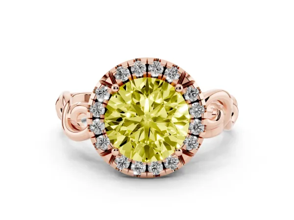 Fancy Yellow Round Cut Cut Halo Diamond Ring with Scrollwork Band and Four-Prong Setting Rose gold