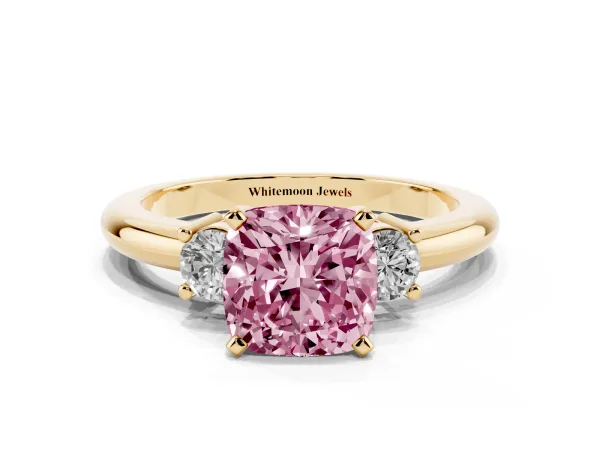 Fancy Pink Three-Stone Cushion Cut Cut Diamond Solitaire with Prong Setting and Classic Band Yellow gold