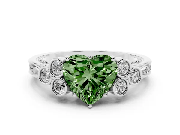 Fancy Green Heart Cut Cut Diamond Engagement Ring with Bezel Set Round Side Stones and Prong Setting Platinum