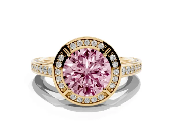 Fancy Pink Round Cut Cut Halo Pave Split Shank Prong Setting Ring Yellow gold