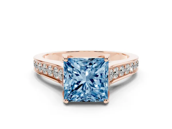 Fancy Blue Princess Cut Brilliant Cut Diamond Engagement Ring with Pavé Band and Four-Prong Setting Rose gold