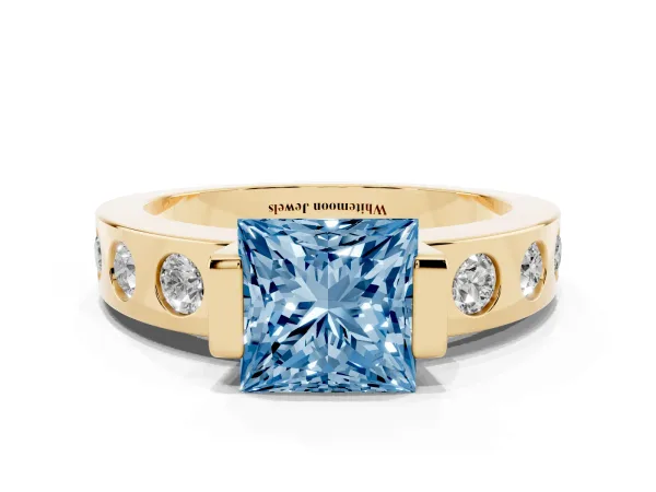 Fancy Blue Princess Cut Brilliant Channel-Set Diamond Ring with Bezel Prong Setting Yellow gold