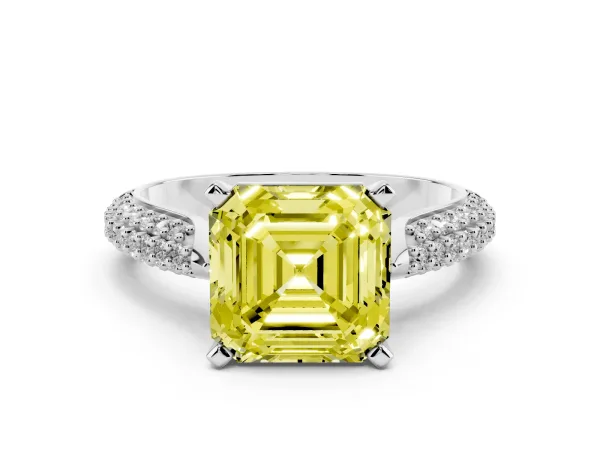 Fancy Yellow Asscher Cut Diamond Solitaire Engagement Ring with Multi-Row Round Pavé Band and Prong Setting Platinum