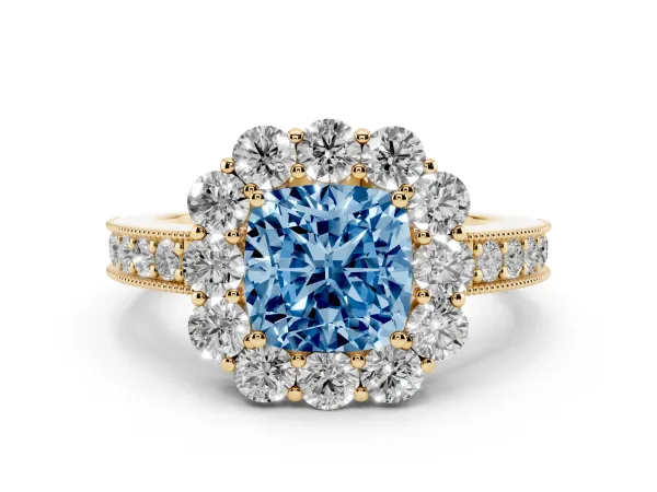 Fancy Blue Cushion Cut Cut Halo Diamond Pavé Engagement Ring with Milgrain Detailing Yellow gold