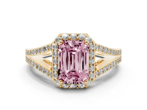 Fancy Pink Emerald Cut Halo Split Shank Pave Diamond Ring with Four-Prong Setting Yellow gold