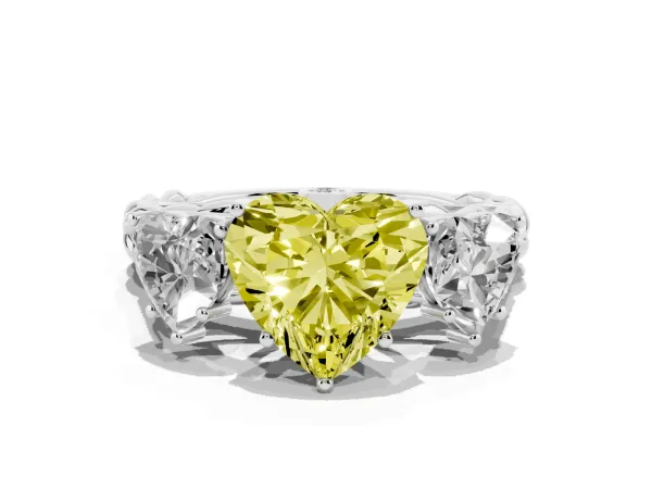 Fancy Yellow Three-Stone Heart Cut Diamond Braided Band Ring with Four-Prong Setting Platinum