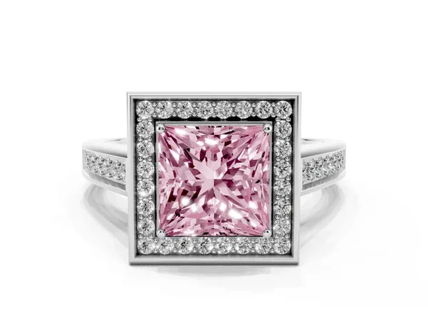 Fancy Pink Princess Cut Halo Solitaire Diamond Ring with Pave Band and Bezel Setting Platinum