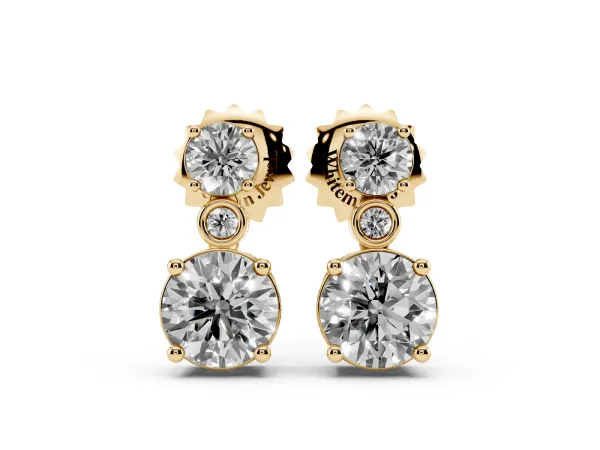 Round Diamond Two Stone Drop Earrings with Bezel Diamond Accent Yellow gold