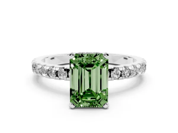 Fancy Green Emerald Cut Diamond Solitaire Ring with Round Pavé Band and Four-Prong Setting Platinum