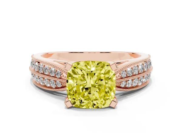 Fancy Yellow Cushion Cut Diamond Solitaire Ring with Milgrain Round Pavé Band and Prong Setting Rose gold
