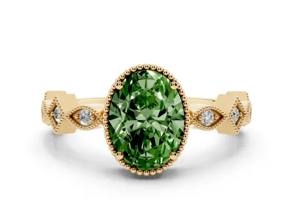 Fancy Green Oval Cut Milgrain Marquise Diamond Twist Band Ring Yellow gold