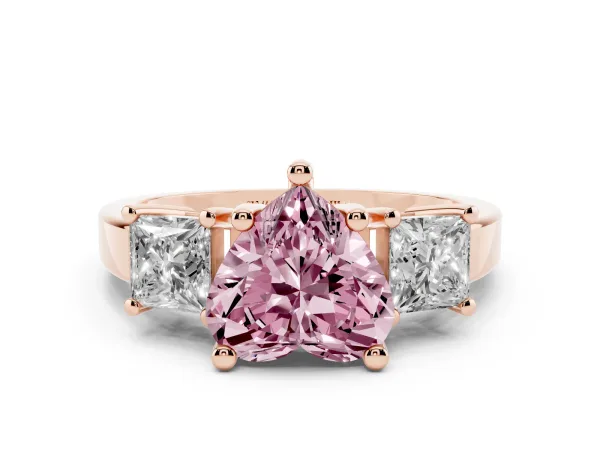 Fancy Pink Three-Stone Heart Cut Cut Solitaire Ring with Prong Setting Rose gold
