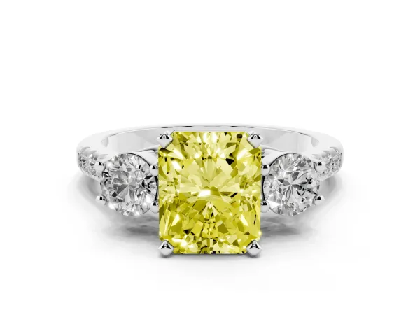 Fancy Yellow Three-Stone Radiant Cut Diamond Pavé Band with Four-Prong Setting Platinum