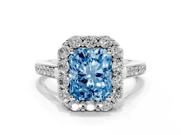 Fancy Blue Radiant Cut Diamond Floral Halo Ring with Pavé Band and Prong Setting White gold