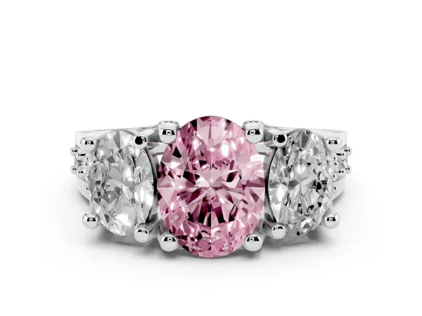 Fancy Pink Oval Cut Diamond Three-Stone Ring with Channel Set Band and Four-Prong Setting Platinum