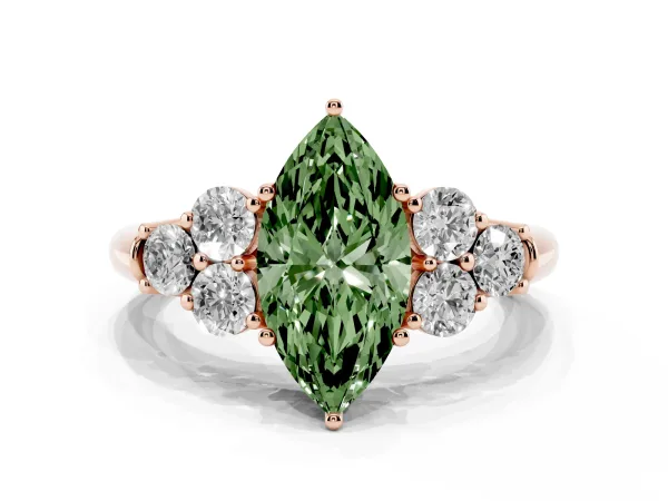 Fancy Green Marquise Cut Cut Diamond Cluster Ring with Round Accent Stones and Prong Setting on a Classic Band Rose gold