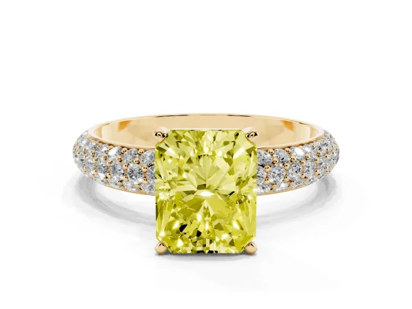 Fancy Yellow Radiant Cut Diamond Solitaire Ring with Prong Setting and Pavé Band Yellow gold