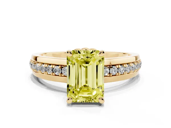 Fancy Yellow Emerald Cut Solitaire Diamond Ring with Channel Set Band and Six-Prong Setting Yellow gold